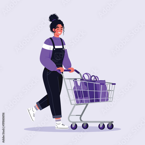 Young Woman Pushing Full Shopping Cart Vector