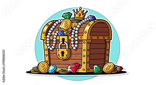 Treasure Chest Full of Gold Coins, Gems, and Pearls, Royalty Crown
