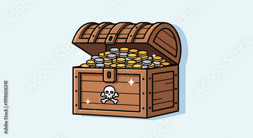 Pirate Treasure Chest Full of Gold and Silver Coins, Jolly Roger Symbol