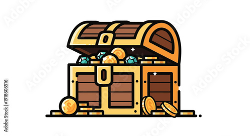 Treasure Chest Full of Gold Coins and Gems, Open Chest with Sparkles