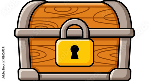 Locked Treasure Chest with Golden Padlock, Cartoon Style