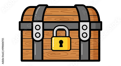 Vintage Wooden Treasure Chest with Locked Padlock, Ancient Storage Box Icon