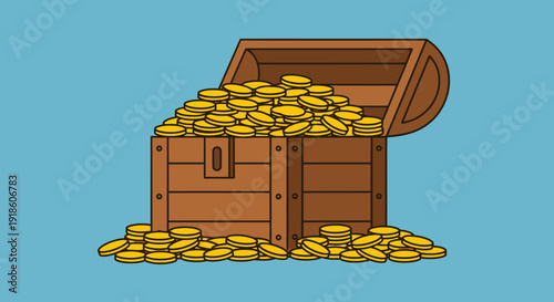 Treasure Chest Overflowing with Gold Coins on Blue Background