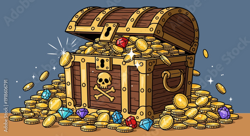 Treasure Chest Overflowing with Gold Coins and Jewels, Pirate Symbol