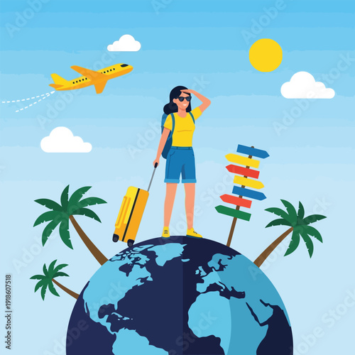 Traveler Stands on Globe Ready for World Journey