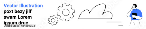 Digital transformation, software development, cloud computing, data storage, teamwork, innovation. Gear icons and a person with a tablet near a cloud shape. Cloud computing and digital transformation