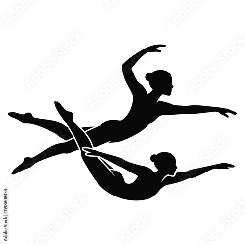 Two graceful ballerinas performing synchronized dance moves leaping gracefully with arms extended showing flexibility and artistic expression silhouette