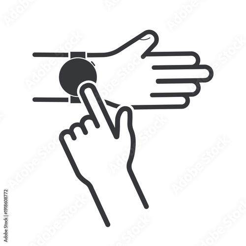 Isolated outline pictogram of wrist wearing smartwatch with finger touching screen symbolizing wearable technology digital interaction concept icon