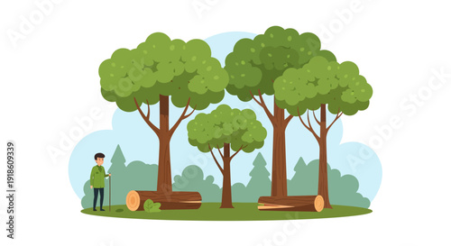 Hiker in forest clearing with trees and felled logs illustration