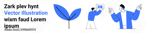 Stylized blue leaf symbolizing growth, a person holding a screen for digital collaboration, and another explaining ideas. Ideal for teamwork, digital tools, environment, creativity, collaboration