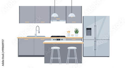 Modern grey kitchen interior with island, stools, and appliances on a white background.