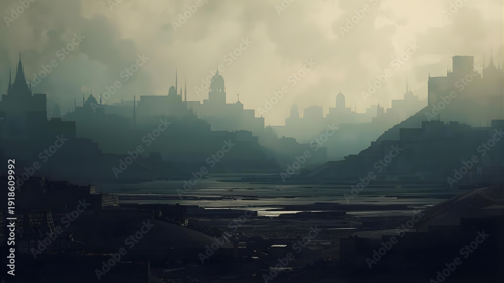 Fototapeta premium Misty cityscape with river flowing through dark landscape