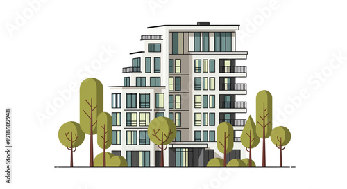 Modern Apartment Building with Balconies and Green Trees Illustration