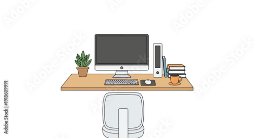 Minimalist line art illustration of a modern home office desk with a computer, plant, and books.
