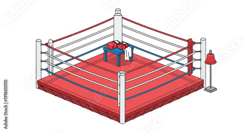 Isometric Boxing Ring with Red Gloves and Bell