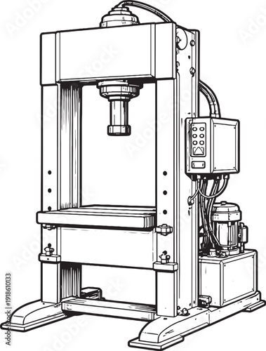 Black and White Vertical Hydraulic Press Machine Line Art Illustration
