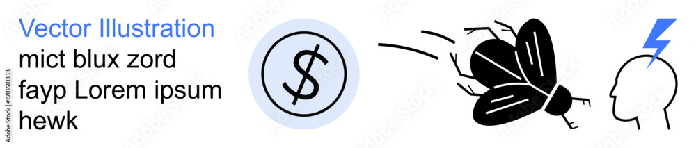 Obraz premium Finance, innovation, problem-solving, brainstorming, concepts, and challenges. A dollar sign, a flying object and a head with a lightning symbol. Finance and innovation concept