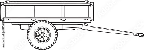 Black and White Agricultural Farm Trailer Wagon Line Art Side View