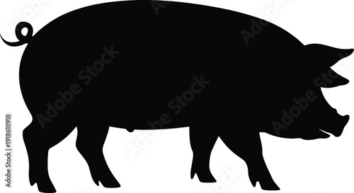 Black pig silhouette side view farm livestock animal illustration, domestic swine icon for agriculture branding, butcher shop logo, rural farming symbol isolated on white background