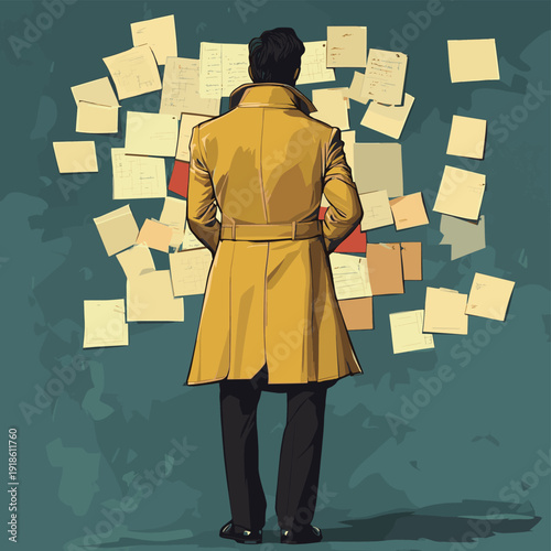 A thoughtful detective in a yellow trench coat stands before a mind map of sticky notes, contemplating clue , vector style simple color