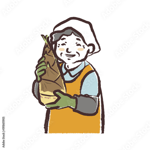 笑顔でたけのこを抱える、シニア女性の生産者　手描きタッチのイラスト