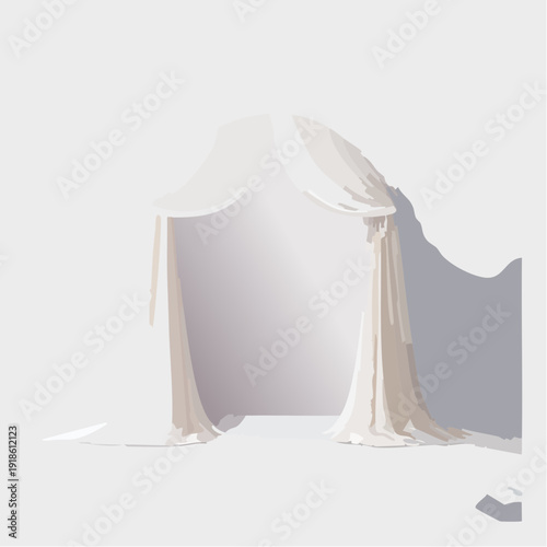 White fabric draped over a minimalist wedding archway with flowing curtains.