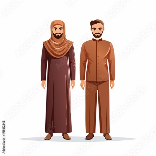 Illustration of a Muslim couple wearing traditional clothing.