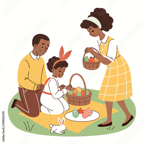 Family Gathering for Easter Morning Celebration, Flat Vector Illustration of Parents and Kids Sharing Holiday Traditions at Home