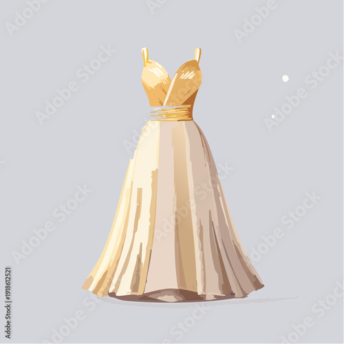 Elegant Golden Ball Gown with Corset Top and Flowing Skirt.