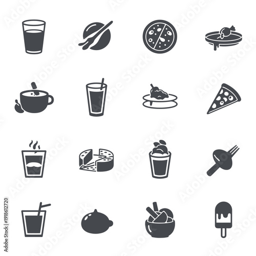 Collection of food and drink icons in monochrome style