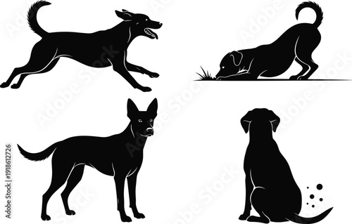 Collection of dog silhouettes in playful and alert poses, domestic pet behavior vector set showing running, sniffing, standing and sitting actions isolated on white
