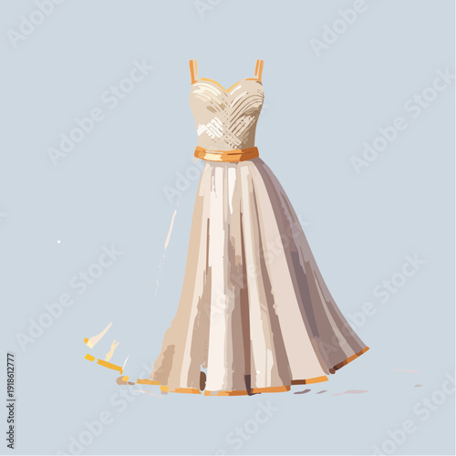 Elegant beige evening gown with golden accents and flowing skirt.
