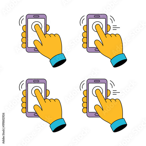 Hand interacting with mobile phone screen in various ways
