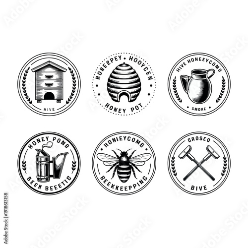 Collection of beekeeping logos featuring hives and bees