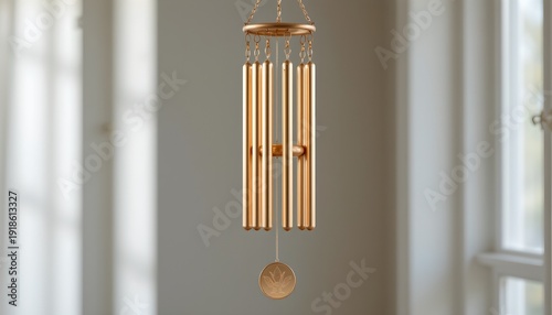 Gentle breeze moves delicate wind chime indoor space home decor tranquil setting aesthetic view serenity