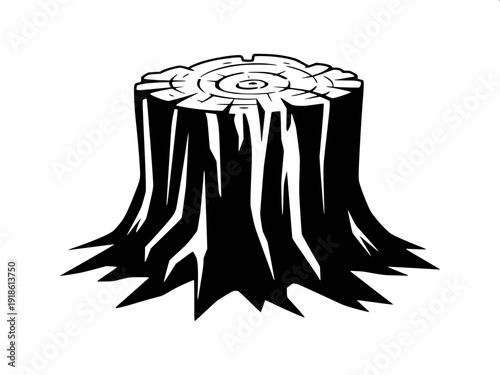 Minimal black and white forestry scene icons, workers trimming branches, cutting logs, tree silhouettes set