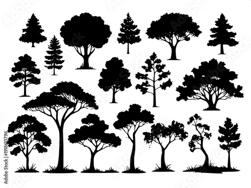 Minimal black and white forestry scene icons, workers trimming branches, cutting logs, tree silhouettes set