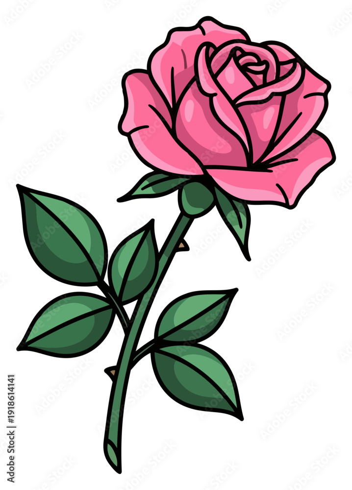 Fototapeta premium A vibrant cartoon pink rose with green leaves and a stem against a white backdrop