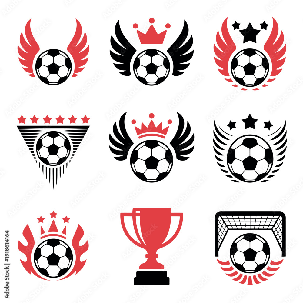 Naklejka premium Collection of soccer ball logos with wings crown and trophy