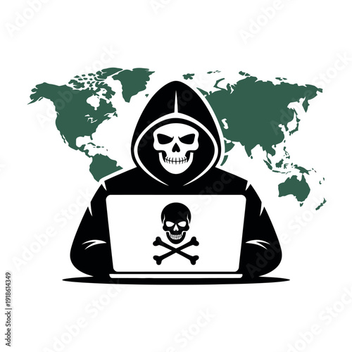 Hacker with laptop and world map in background
