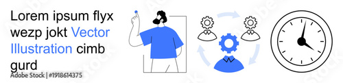 Business strategy, process optimization, productivity, time management, teamwork, technical illustration. A person holding a tool, process gear icons and a clock. Workflow and process optimization