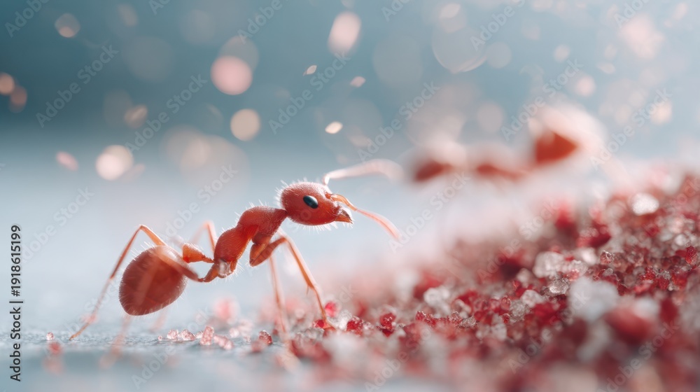 Naklejka premium Close-up of red ant foraging on sugar granules, with blurred background highlighting pest control and insect management themes