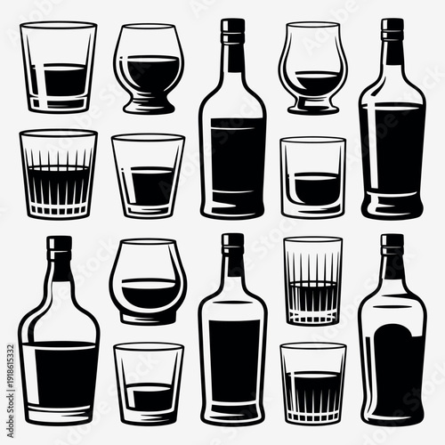 Collection of whiskey bottles and glasses for drinking