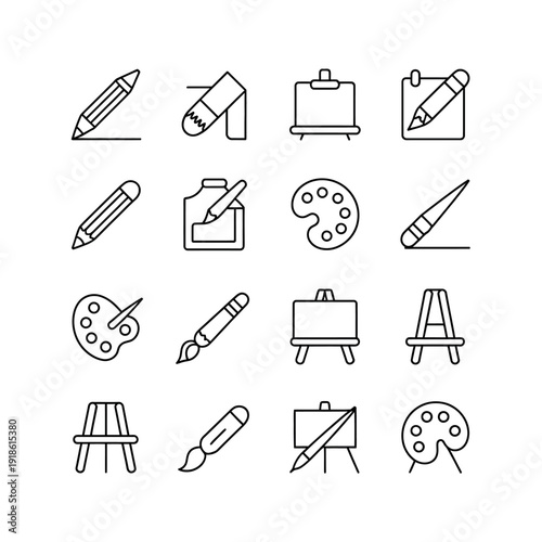 Collection of art supplies and equipment icons