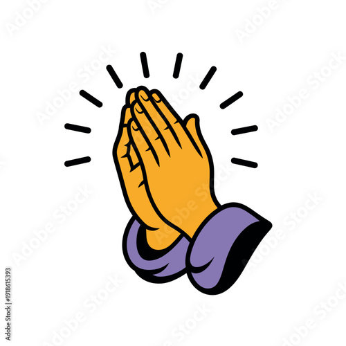 Praying hands with purple sleeve and yellow palm
