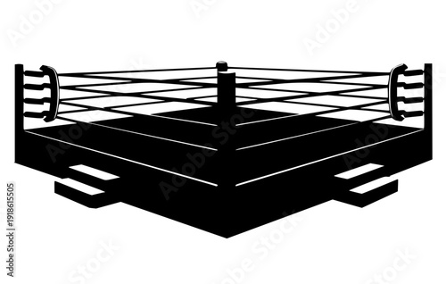 black silhouette of a professional boxing ring. This minimalist vector-style illustration features the ropes, turnbuckles, and canvas, symbolizing combat sports, wrestling, and athletic competition.