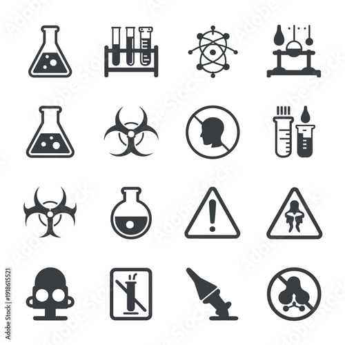 Collection of laboratory and hazard icons for scientific use