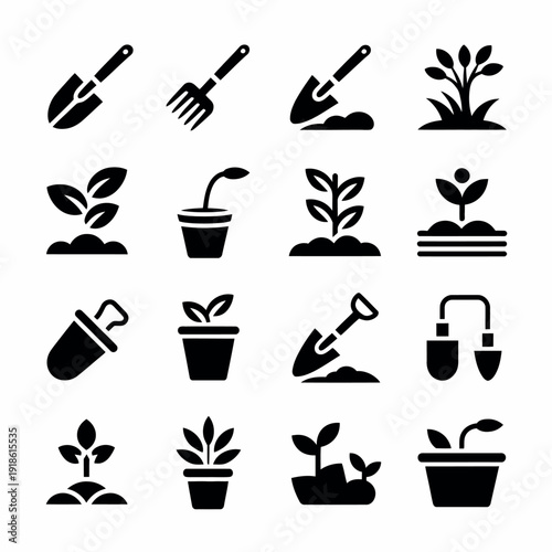 Gardening tools and plants icons set