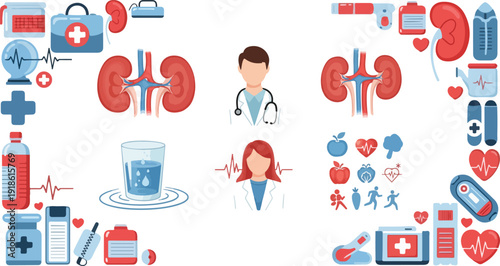 World Kidney Day Medical Concept with Kidney Anatomy, Health Care Icons and Doctor Characters