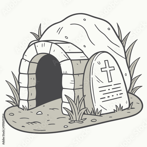 Easter Morning Empty Tomb with Rolled Away Stone, Flat Vector Illustration of the Resurrection of Jesus Christ